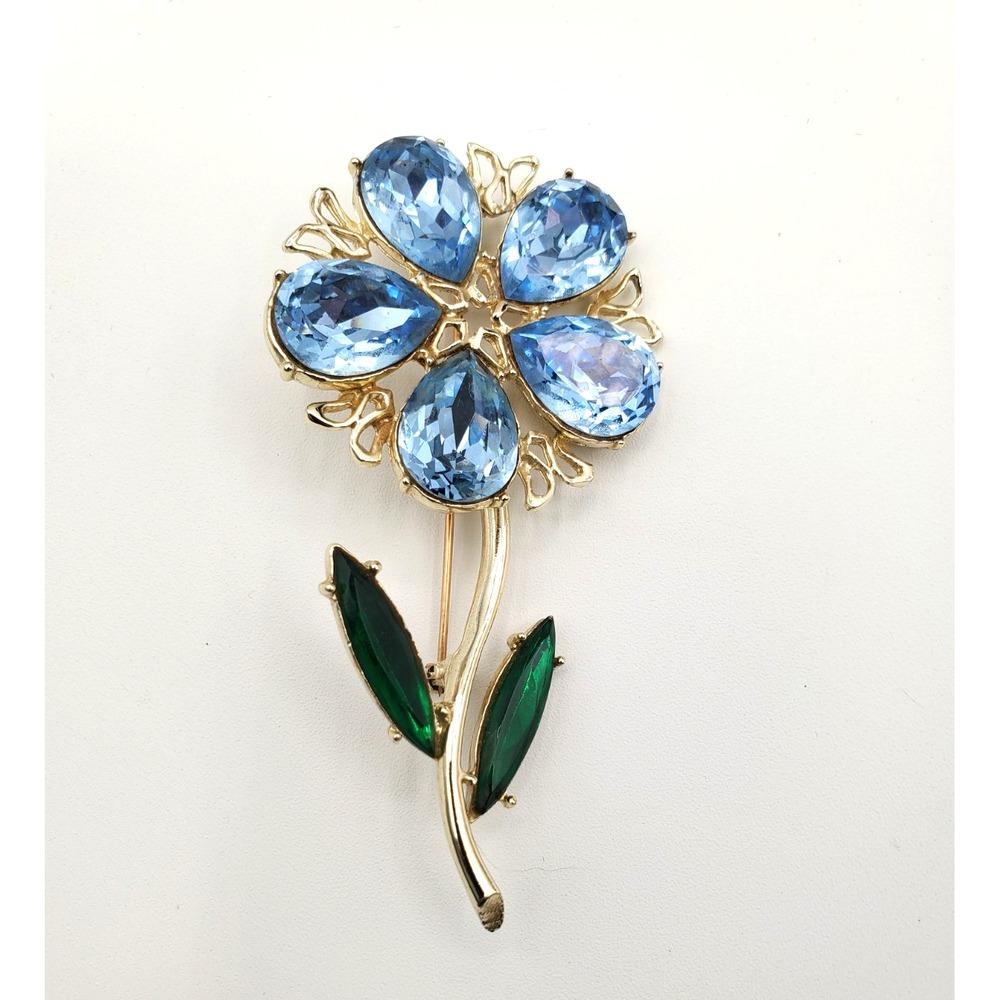 Vintage Rhinestone Flower Brooch Faceted Blue Green Gold Tone DODD